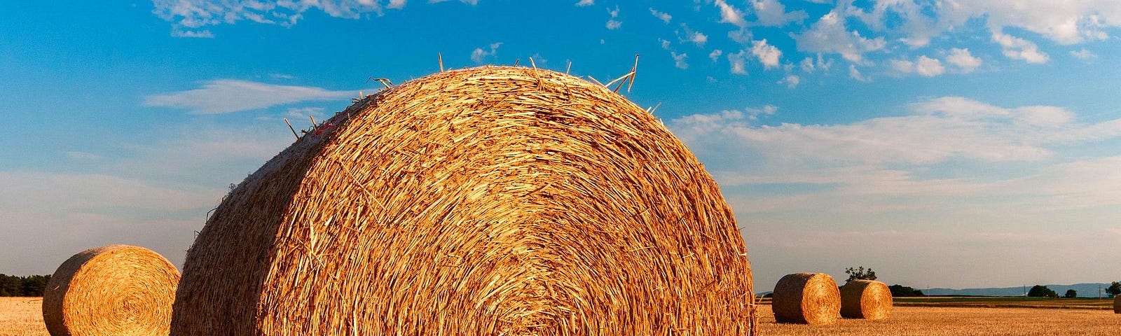 A golden harvested field with a large round bale of hay in the foreground. The sky is blue with wispy white clouds.