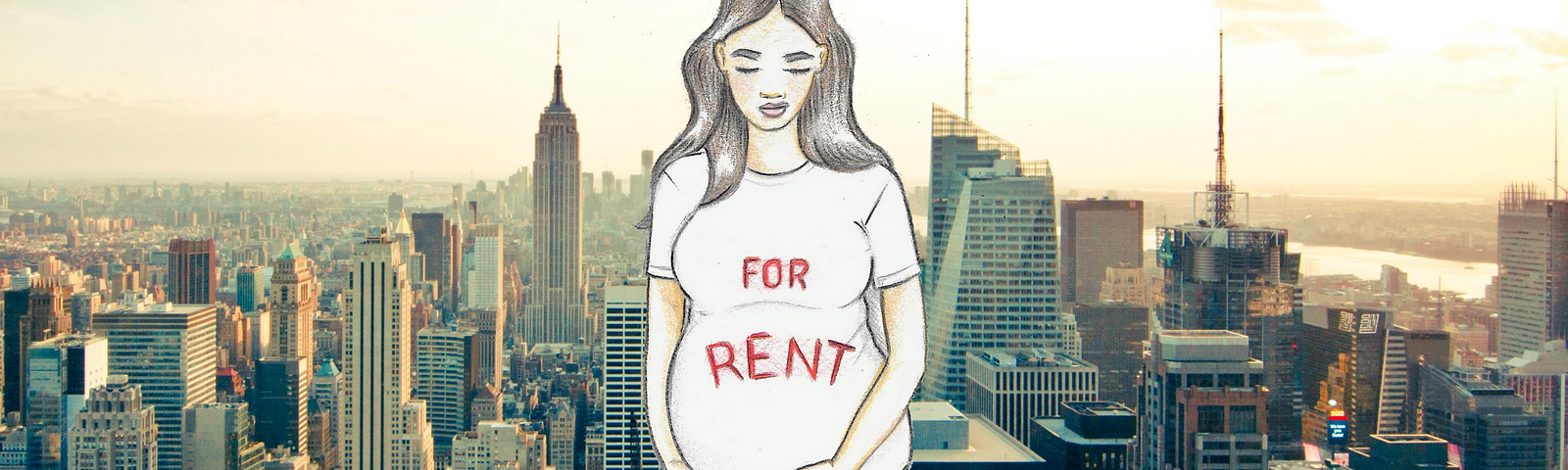 Illustration of a pregnant woman wearing a shirt that says “For Rent” juxtaposed against the NYC skyline.