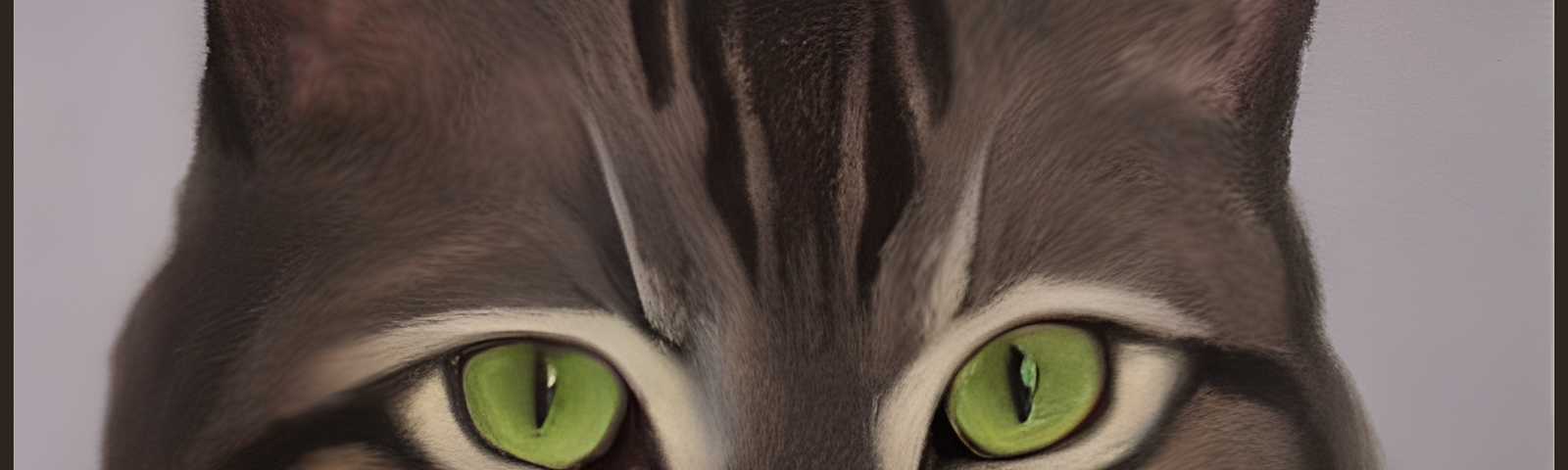 Computer generated picture of a gray tabby cat with green eyes, face only