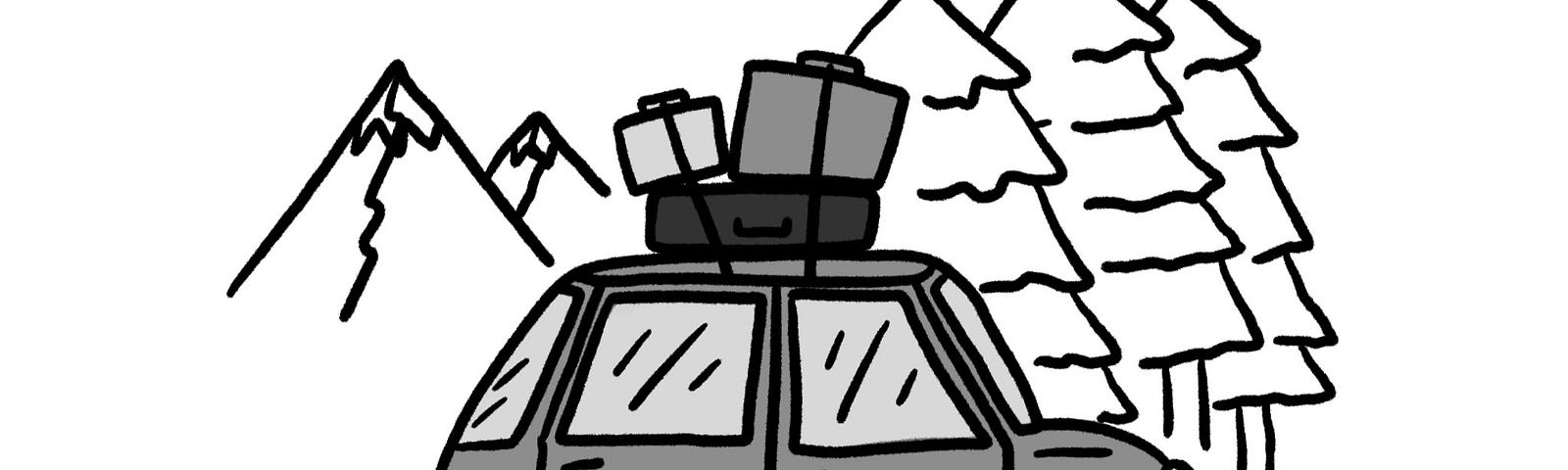 Illustration of a car with suitcases strapped on top, driving along a mountain road.