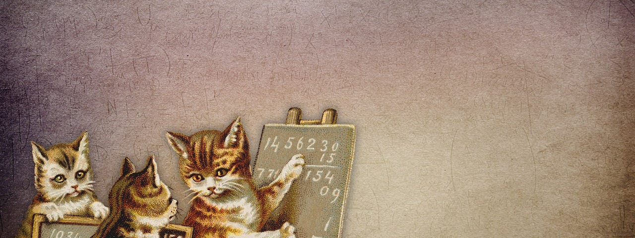 Three tabby cats, each with a blackboard covered in math equations. They are holding a very important meeting.