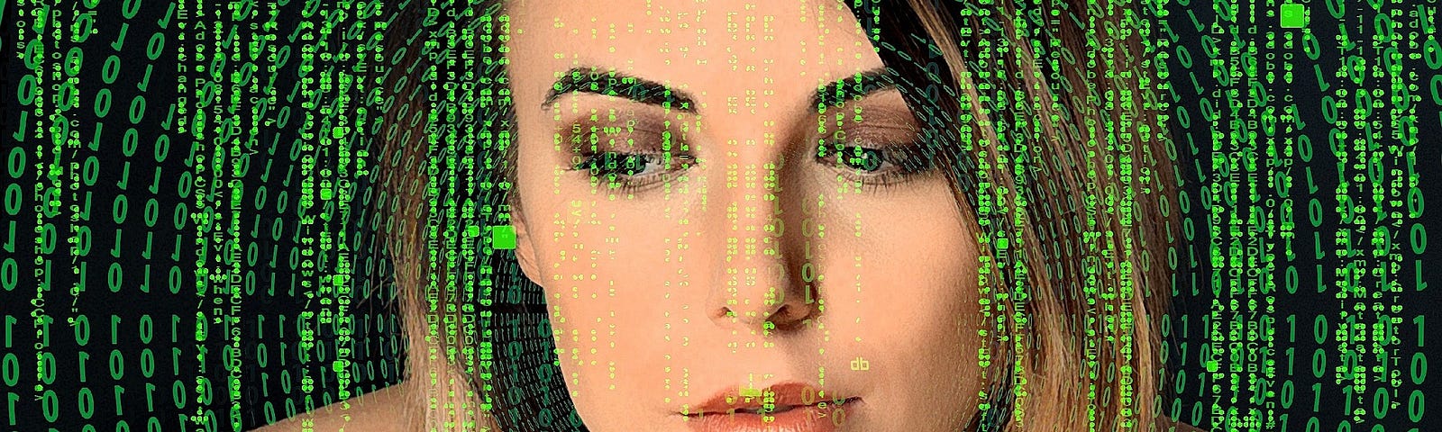 young woman, model with brown bobbed hair and bare shoulders, overlaying her face is binary display typical of computer programming, green text, matrix
