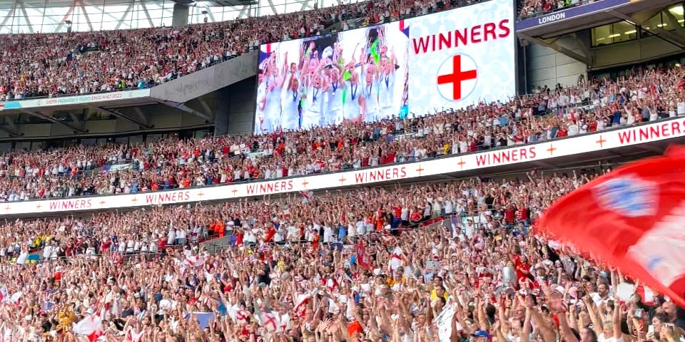 Women’s Euro’s Final 2022 Wembley Stadium Crowd and Big screen with England team collecting the cup