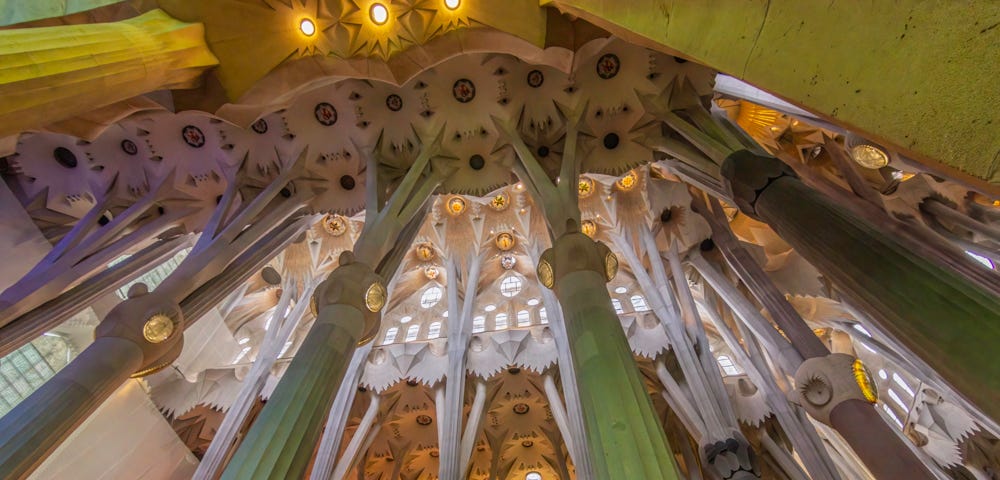 View of a portion of the interior of La Sagrada Familia. Several green and brown pillars shaped like trees reach to the brown ceiling. The walls are gray at the top and then brown. Most of the lights are centers of flowers.