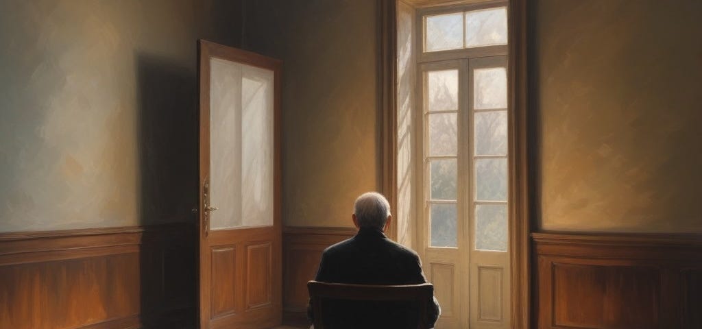 a lonely older figure on a chair in a huge shadowy room, seen from behind, long shadows