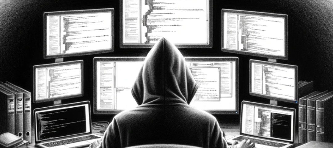 Black and white pencil sketch of a person in a hoodie at a computer setup with multiple monitors showing code and dark web forums, surrounded by legal documents and books titled ‘DOJ Guidelines’, ‘Legal Risks’, and ‘Cyber Law’.