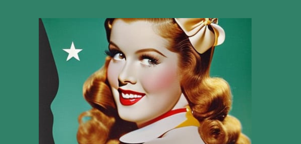 AI generated image of a 1940s pin-up girl dressed in yellow and white against a teal background