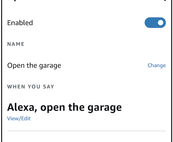 The “Open the garage” routine in the Alexa app