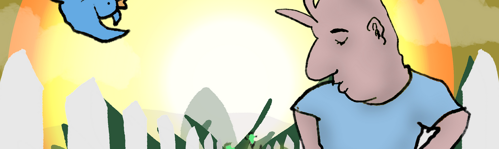 A cartoon of a guy watching a sapling grow in a narrow lane. There is a picket fence disappearing into the distance on either side of the grassy lane. A blue bird is kibbitzing. The dude is wearing a light blue t-shirt and navy shorts and very stylish white ankle socks. A low sun radiates in the background, but whether it is sunrise or sunset is more or less unimportant to the story. Art by Doodleslice 2024.