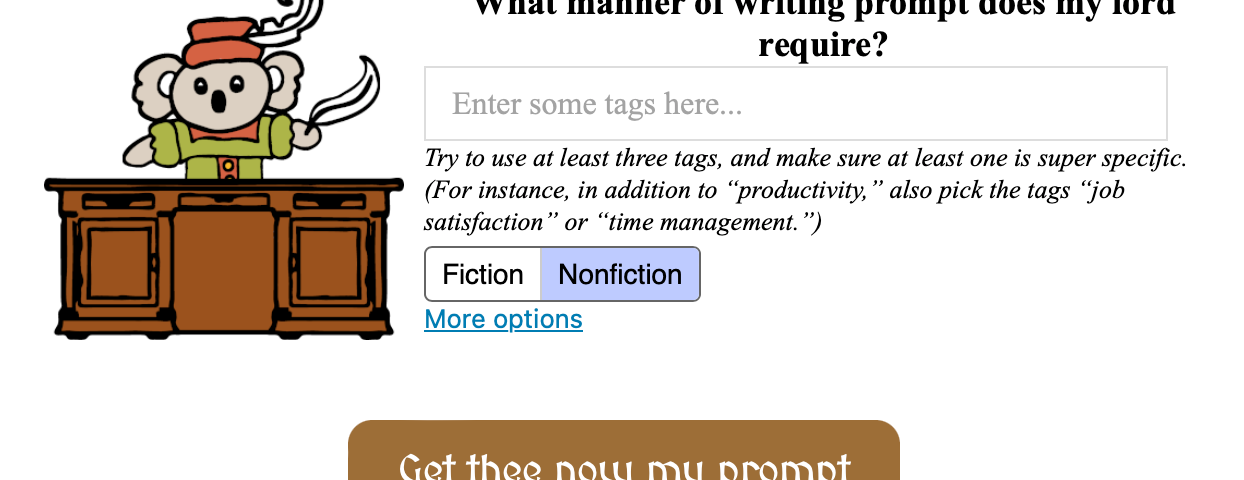 A screenshot of the Koala Quill app. User can enter three tags or more to generate a writing prompt.