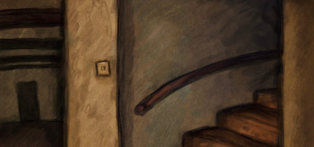 A winding staircase, in a dimly lit interior.