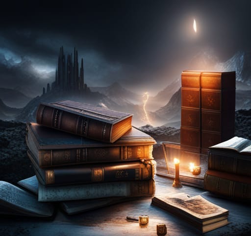 Spellbooks with some dramatic lightning and dark cloud atmosphere.