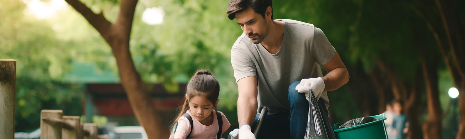 A young girl and her dad take the initiative to clean up a park. The scene captures their dedication and the positive impact of their actions on the environment.