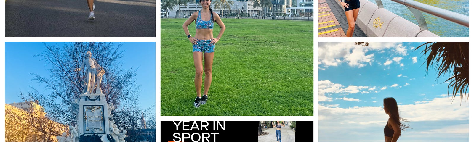 Pictures by the author around the world with running gear and a screenshot of the running stats