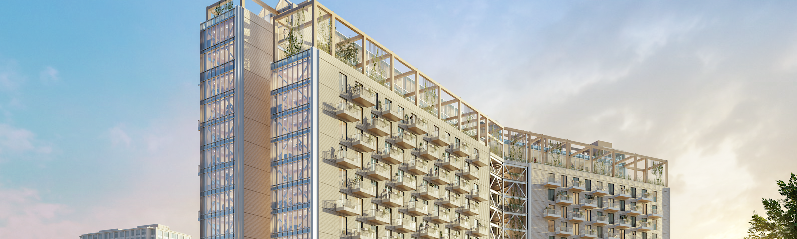 A rendering of a 15-story mass timber building model by Sidewalk Labs.