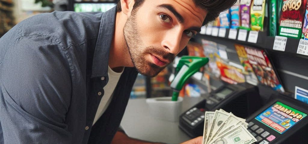 a handsome, dark-haired man in his 20s is holding a stack of twenty-dollar bills in his left hand and has his right hand on top of a scratch-off lottery ticket