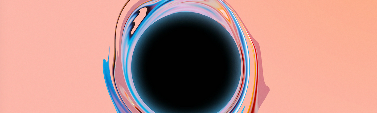 peach pink background with black circle in the middle. Blue, red, and peach blend together around the circle, like a vortex