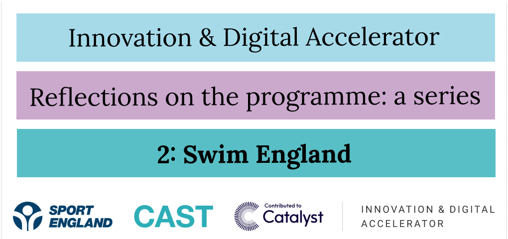 Three coloured lines, reading: Innovation & Digital Accelerator / Reflections on the programme: a series / 2: Swim England