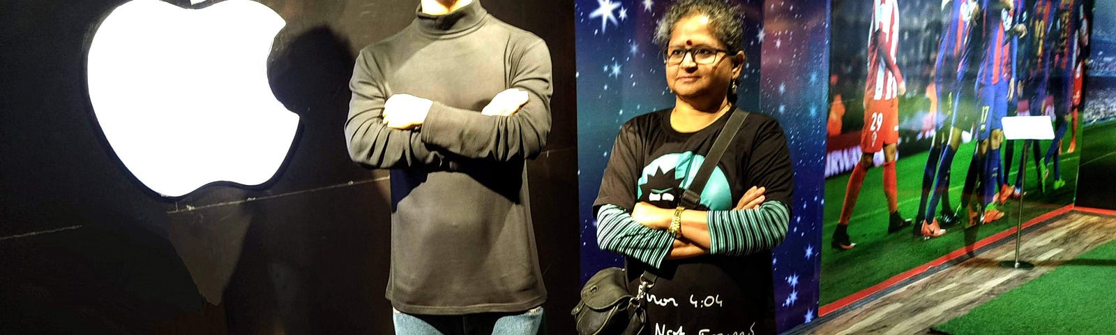 photo of woman in black tshirt posing with a wax figure of steve jobs at Johnnie’s Wax Museum, Shimla, India