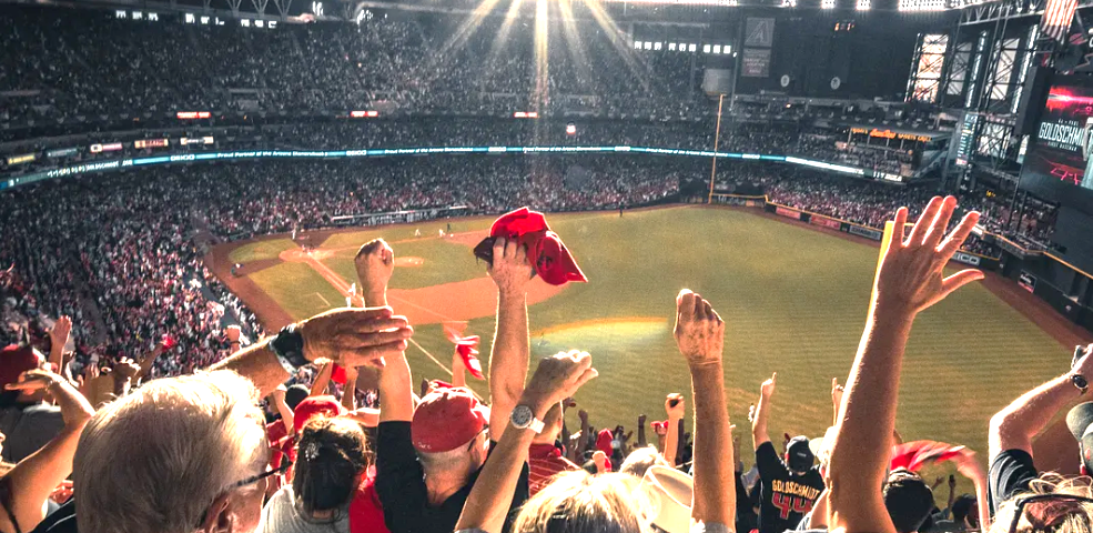 Fans celebrating at a baseball game.