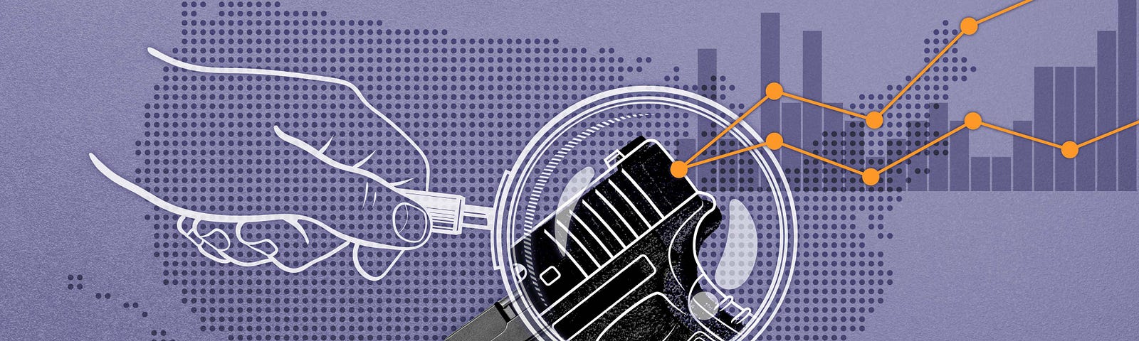 Graphic of a hand holding a magnifying glass over a handgun, superimposed over a dotted map of the United States and a chart.