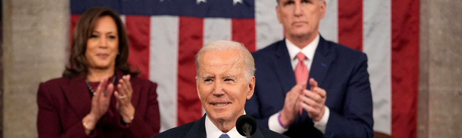 President Joe Biden delivers the State of the Union address as Vice President Kamala Harris and House Speaker Kevin McCarthy applaud, February 7, 2023. Photo by Jacquelyn Martin/Pool via Reuters