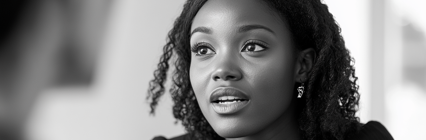 black and white photo of a woman in an interview