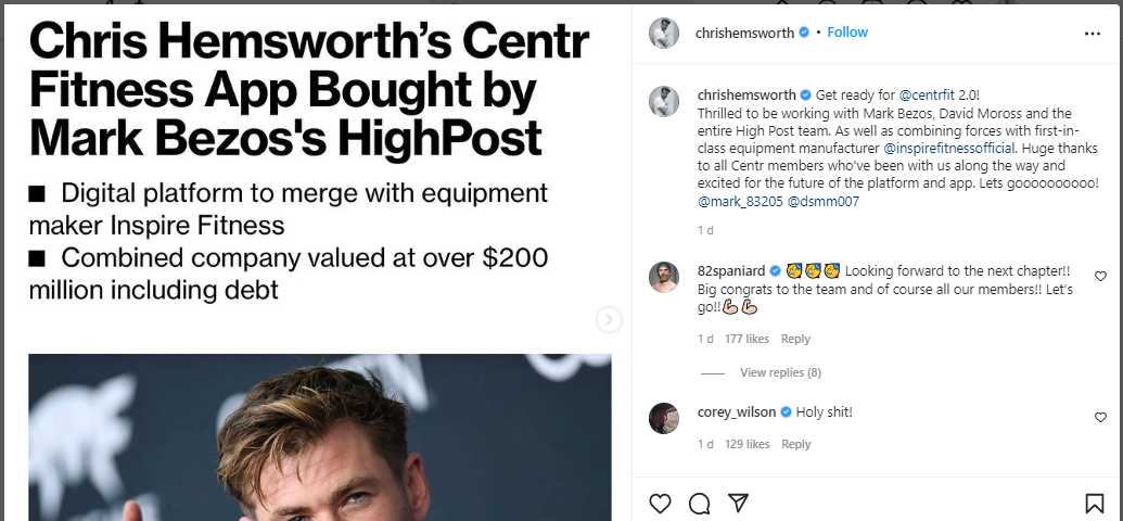 chris hemsworth centr app sold