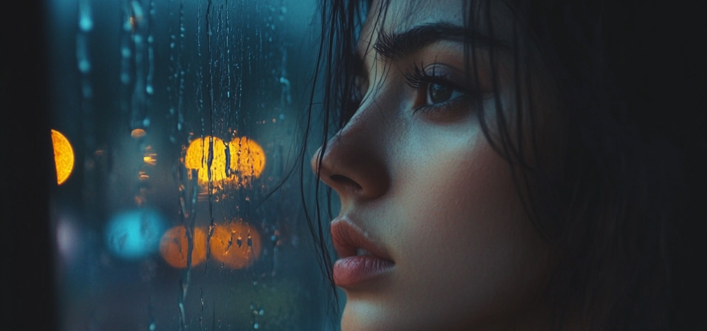 a young woman looking out a window at a rainy street