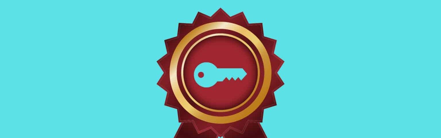 An image of a certificate badge and a key in blue colored background picture