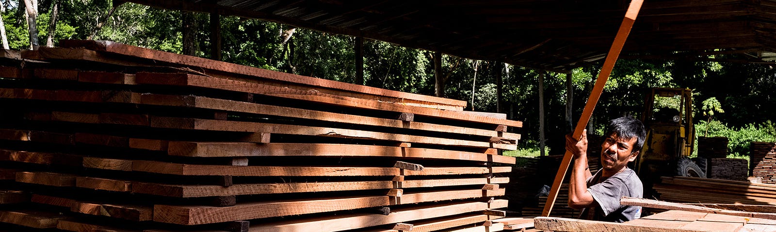 A worker lifts a piece of wood onto a  tall stack of lumber sitting underneath a metal-roofed shelter in an FSC-certified forest in Guatemala.