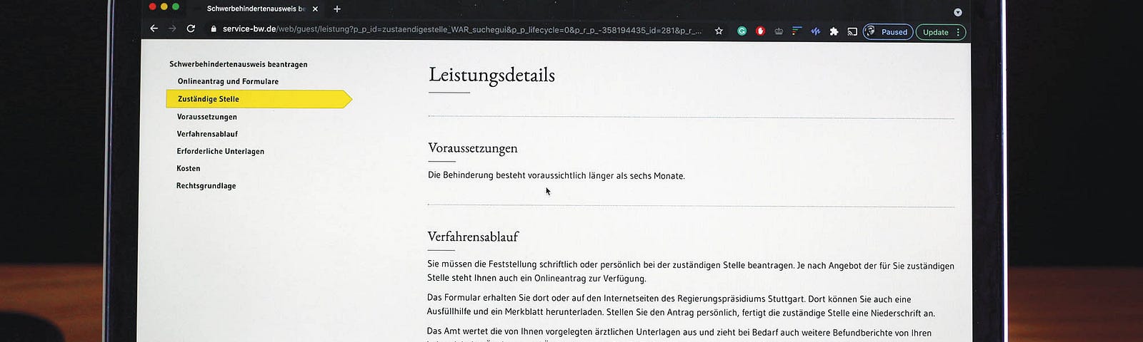 Bildschirm mit einer Leistungsbeschreibung von service-bw.de