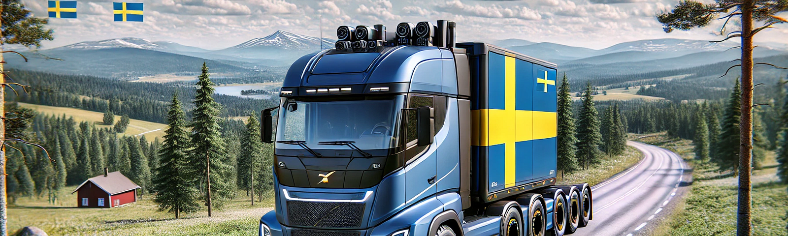 ChatGPT generated panoramic image of a heavy road electric truck with a Swedish theme