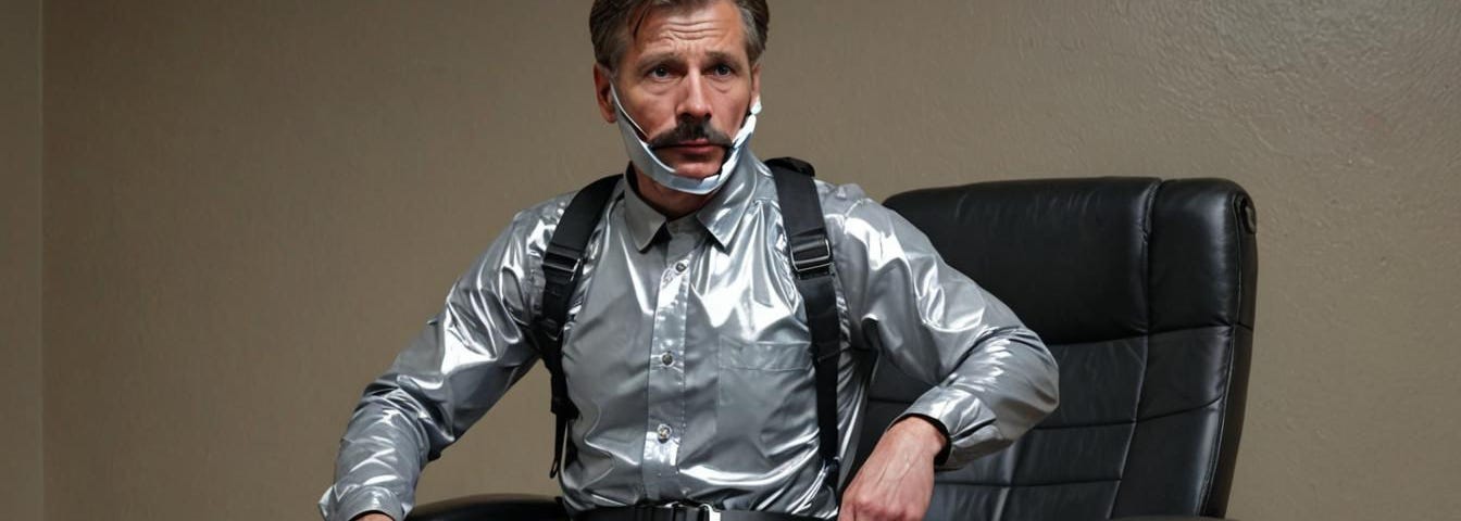 AI rendered image of man sitting on a black chair, wearing what looks like a silver duct tape uniform, and being restrained by three black belts on the chair. He also appears to have been gagged before, though at the time his mouth is free.