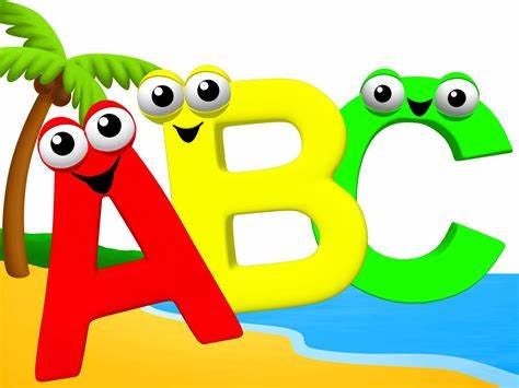 Cute letters A, B, and C with googly eyes and big smiles. A palm tree and ocean are behind them.