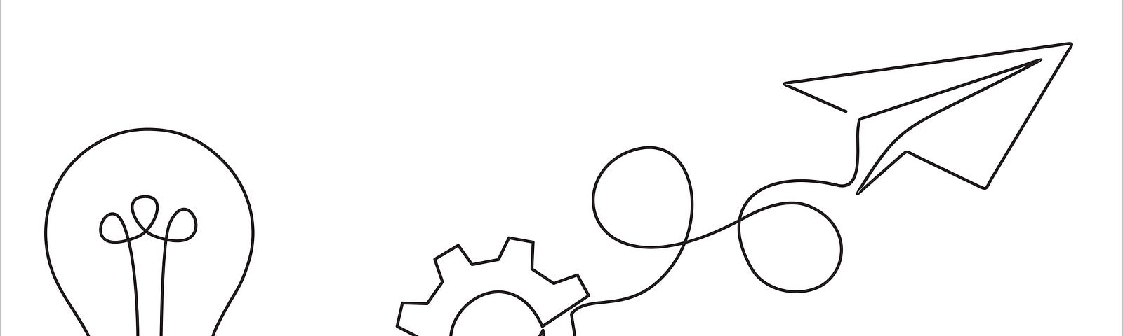 Line drawing of a lightbulb into gears into a paper airplane