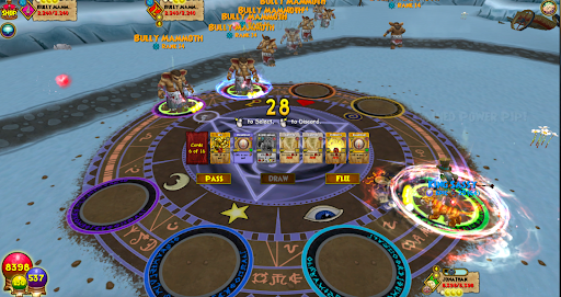 A wizard101 character engaged in a battle with enemies. It is the wizard’s turn to pick a spell card to use. They are fighting furry mammoth creatures in a snowy, frigid environment.