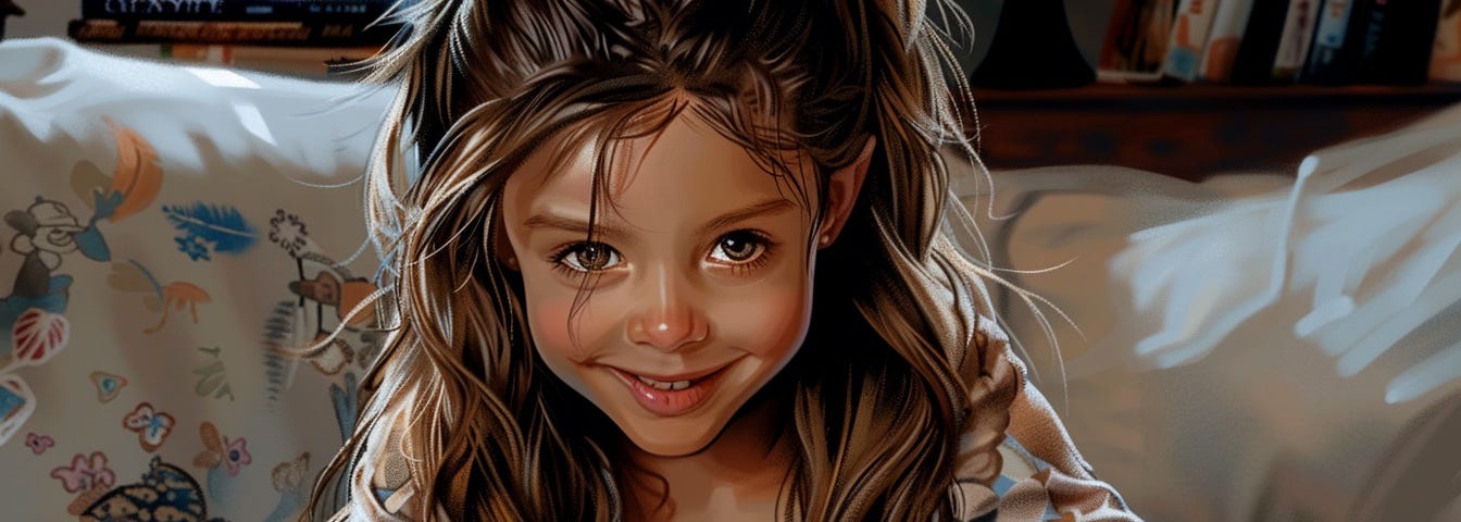 Painting of a little girl with brown hair sitting against pillows in her bed as she arranges colored tiles on a tray.