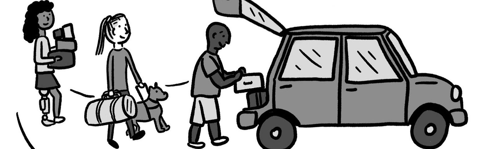 Illustration of 3 people packing suitcases into a car. One person has a dog on a harness and another person has a prosthetic leg.