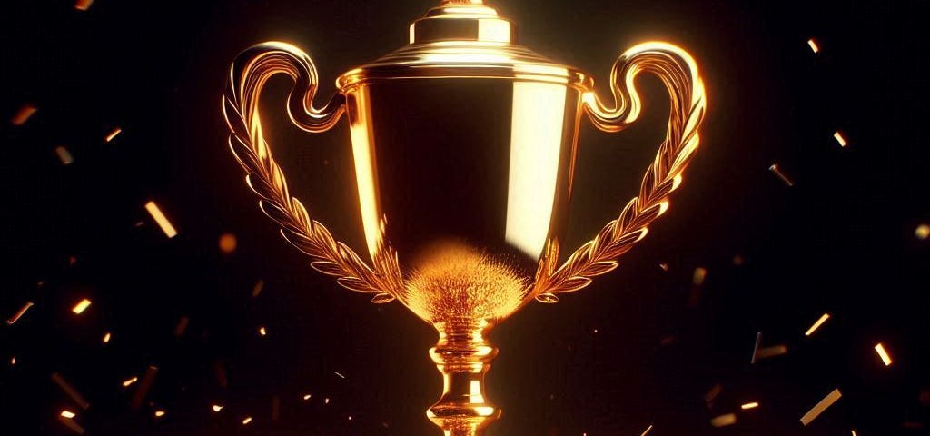 A shiny golden trophy with sparks of light around it, and a black background.