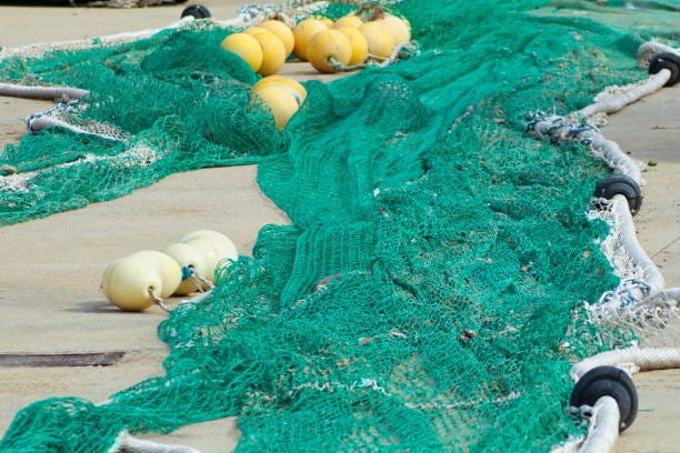 Fishing net lying on sandy beach.