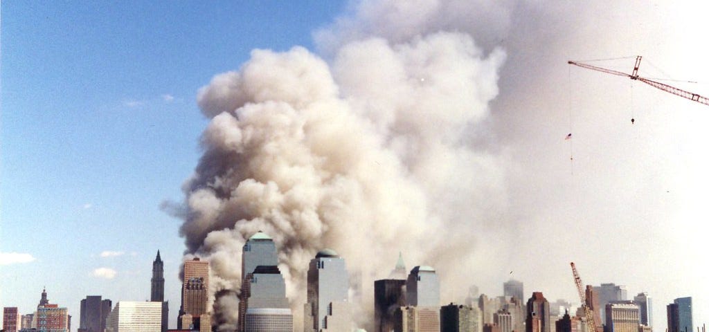 New York skyline filled with smoke and clouds, September 11th, 2001
