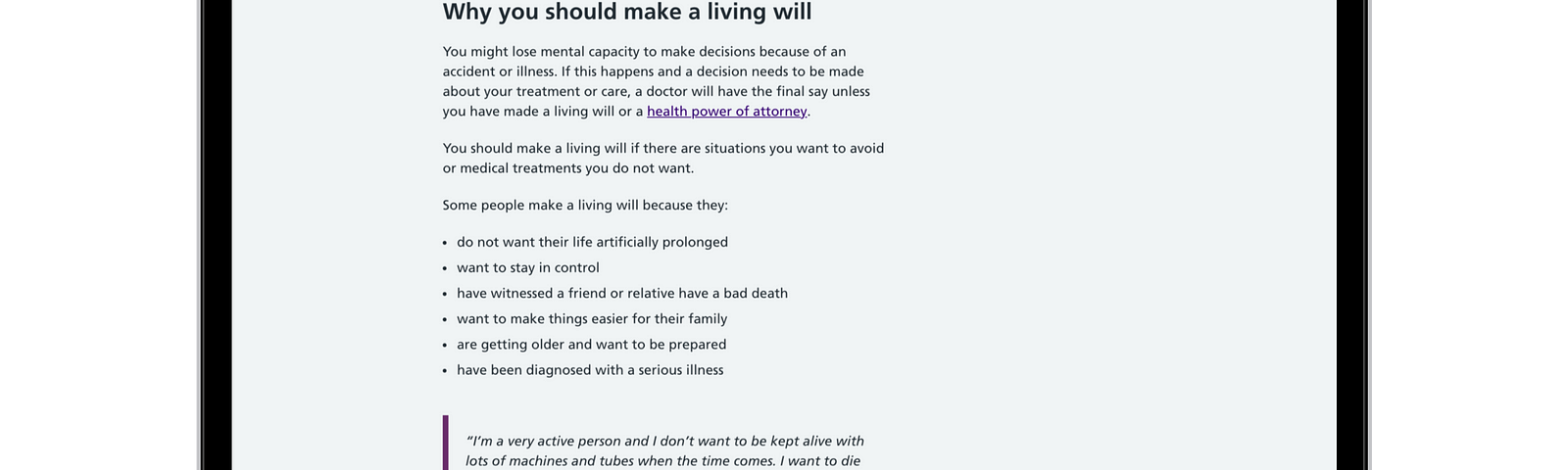 A screenshot of a section of the new page showing the reasons people might make a living will