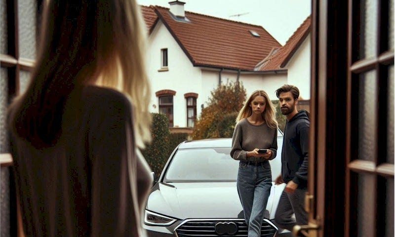 woman standing in a doorway watching a man and a woman by a car, the car numberplate says MINE.