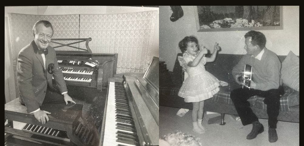 Author’s photos — Left side, father with organ and piano, right side father playing guitar, author about 5 years old.