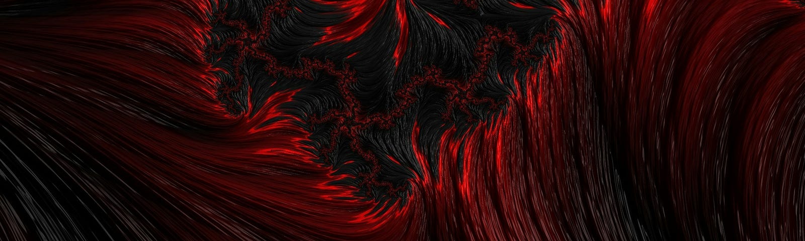 Abstract art with a black background and swirls of red, shiny, fibrous texture.