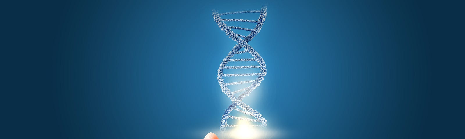 A hand holds a cartoon version of a double strand of DNA.