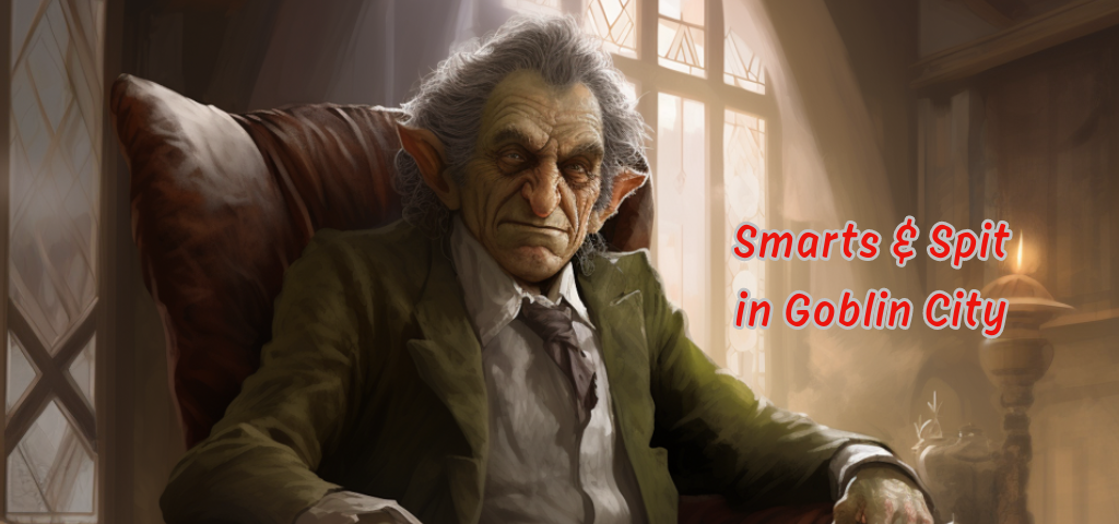 An older goblin with long grey hair, greenish skin and a green suit sits in a cosy office lid by warm natural light. His expression is kind, thoughtful and wise.