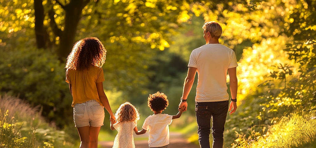 an image of a young family with mother, son and daughter and father holding hands and walking away from us down a beautiful woodland path.