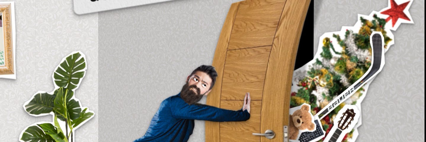 Illustration av en man som försöker hålla igen dörren till ett förråd där det är en massa prylar